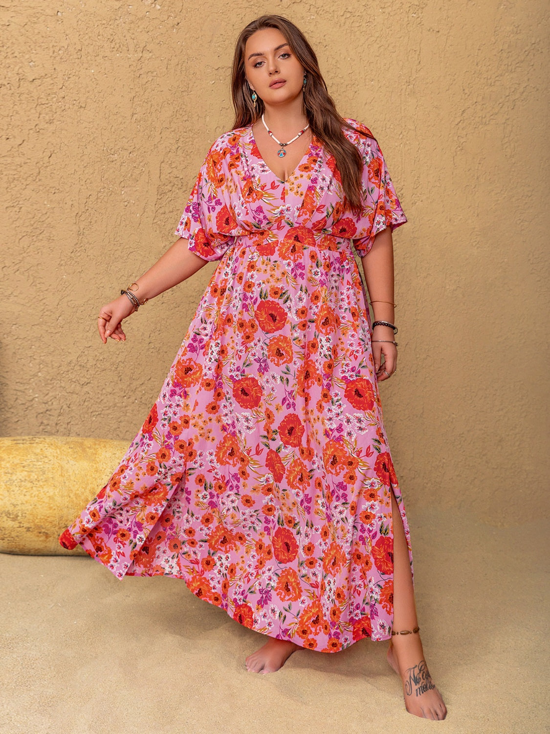 fitted lace wedding dress Plus Size Slit Floral V-Neck Half Sleeve Maxi Dress – Charming Charlie