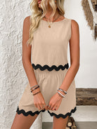 Contrast Trim Round Neck Top and Shorts Set - Charming Charlie