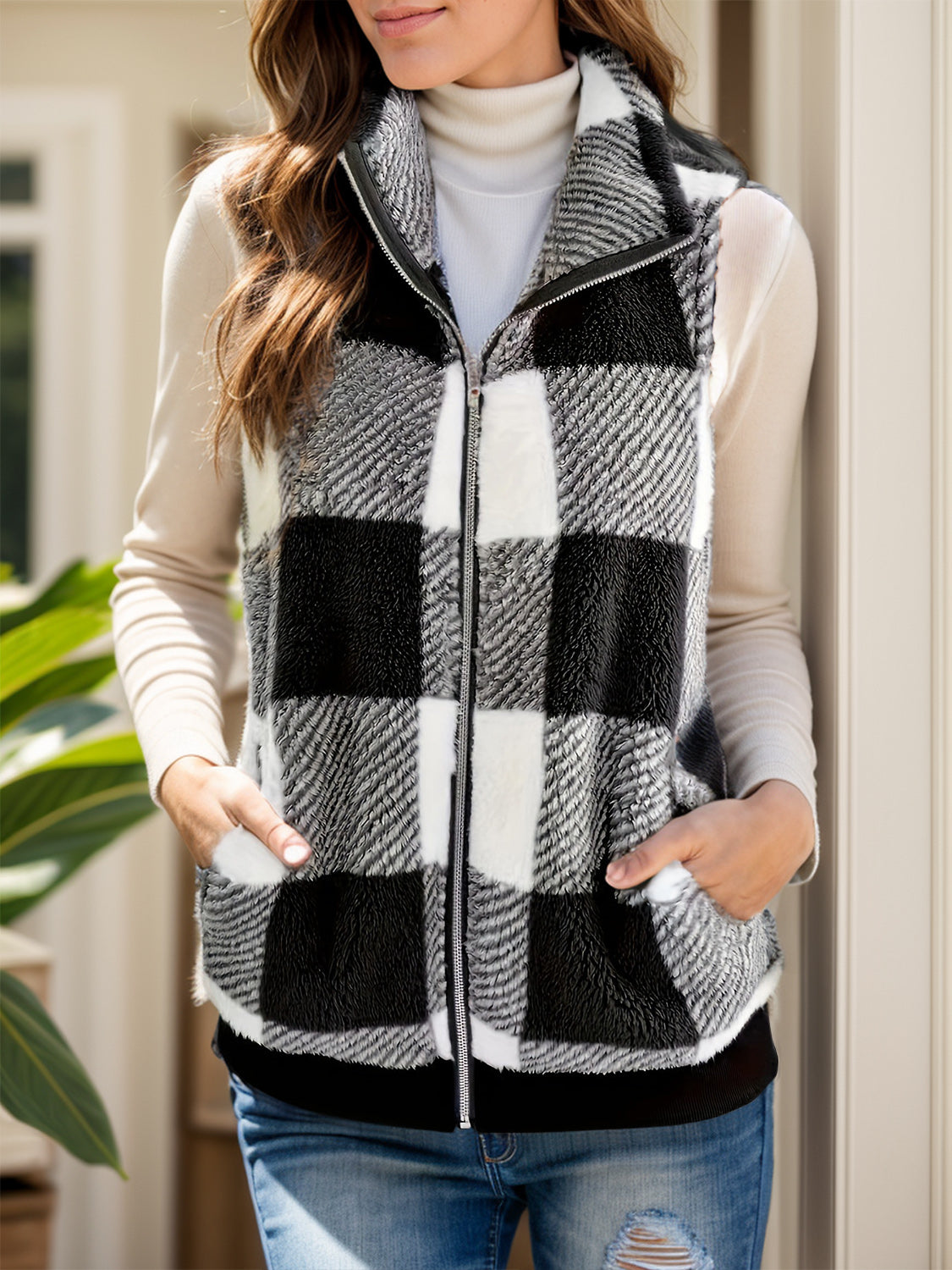 Pocketed Plaid Zip Up Vest Coat - Charming Charlie