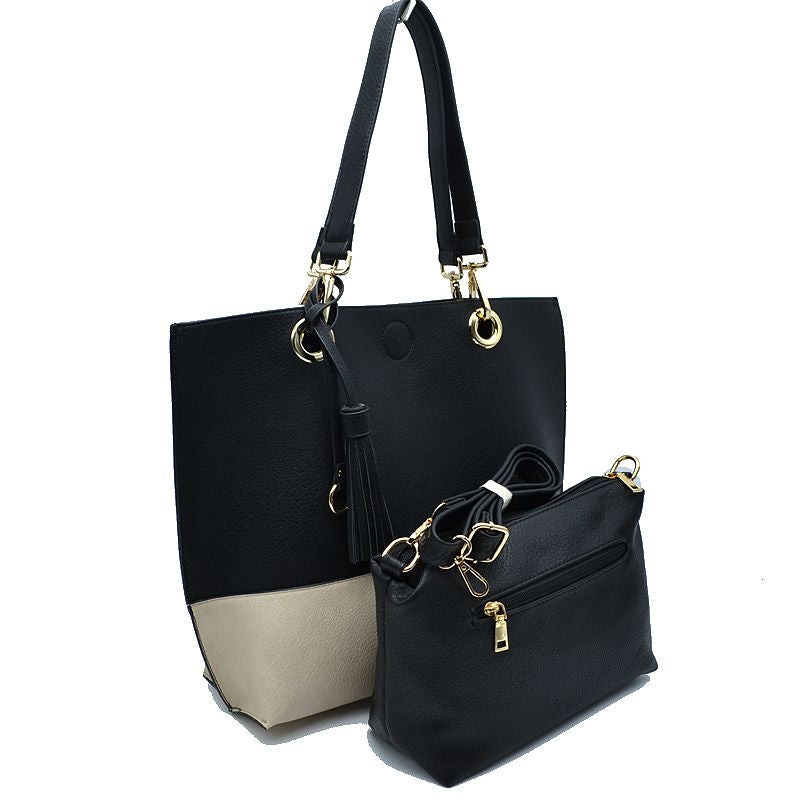 2 n1 Vegan Tote Handbag Pouch Faux Leather Tote Bag - Black-off white - Tote Bag