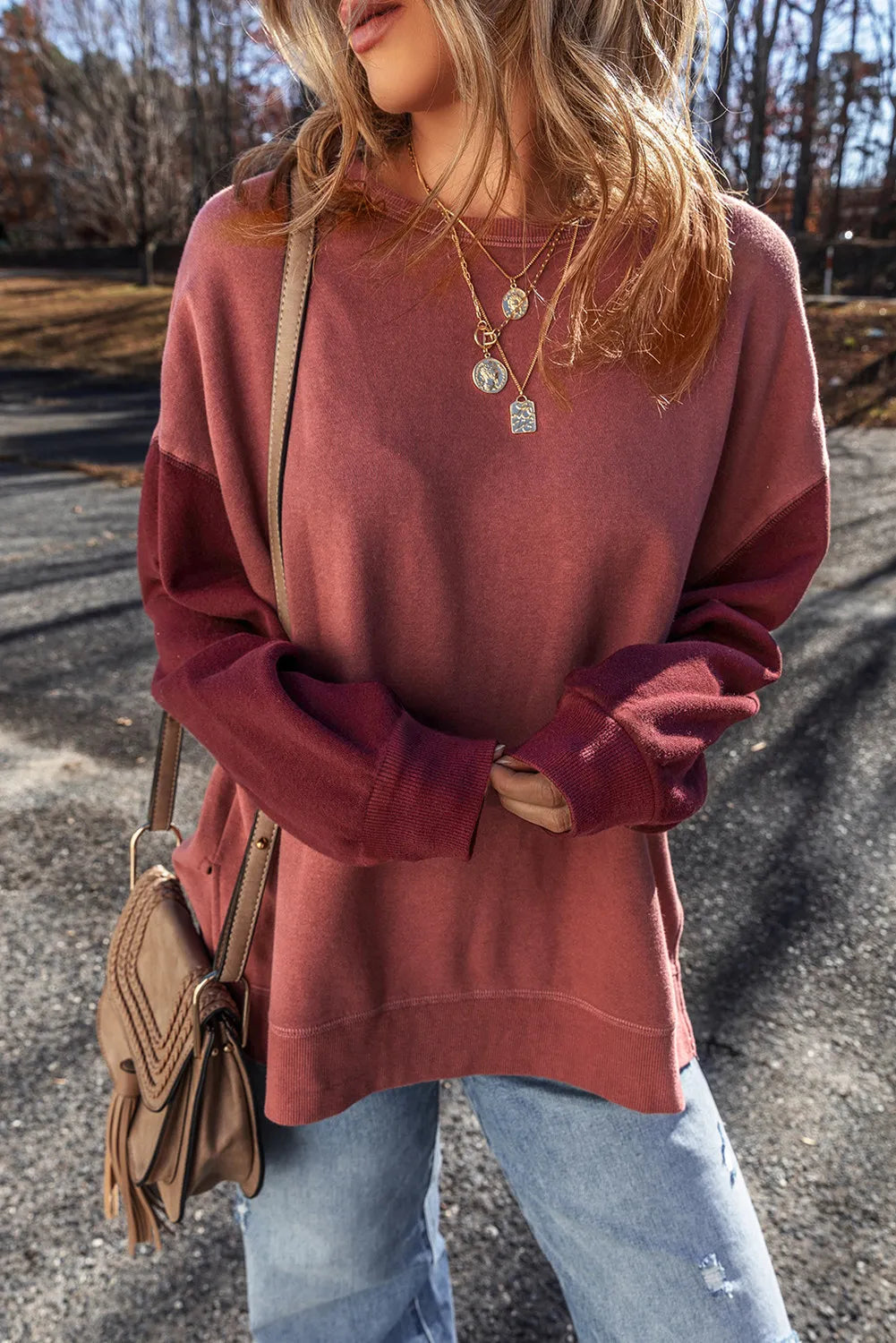 Contrast Round Neck Long Sleeve Sweatshirt - Charming Charlie