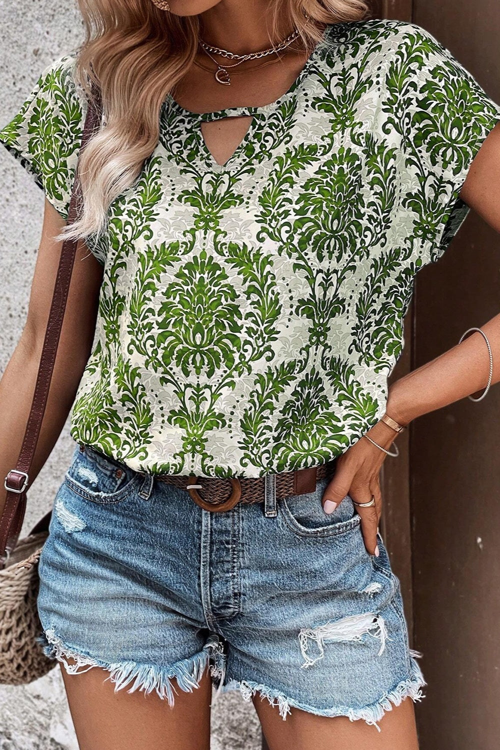 Cutout Printed Short Sleeve Blouse - Charming Charlie