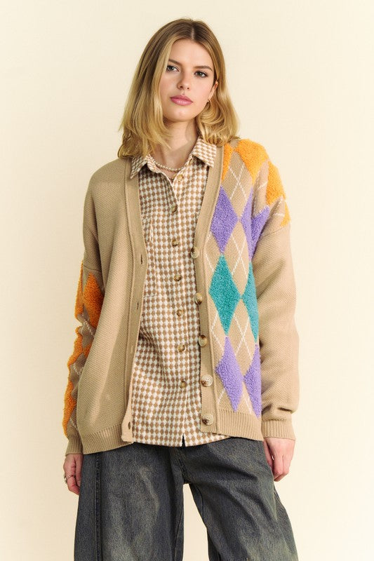 Davi & Dani Argyle V-Neck Dropped Shoulder Cardigan - Charming Charlie