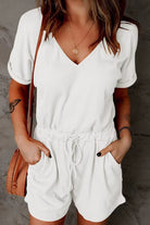 Full Size Drawstring V-Neck Short Sleeve Romper - Charming Charlie