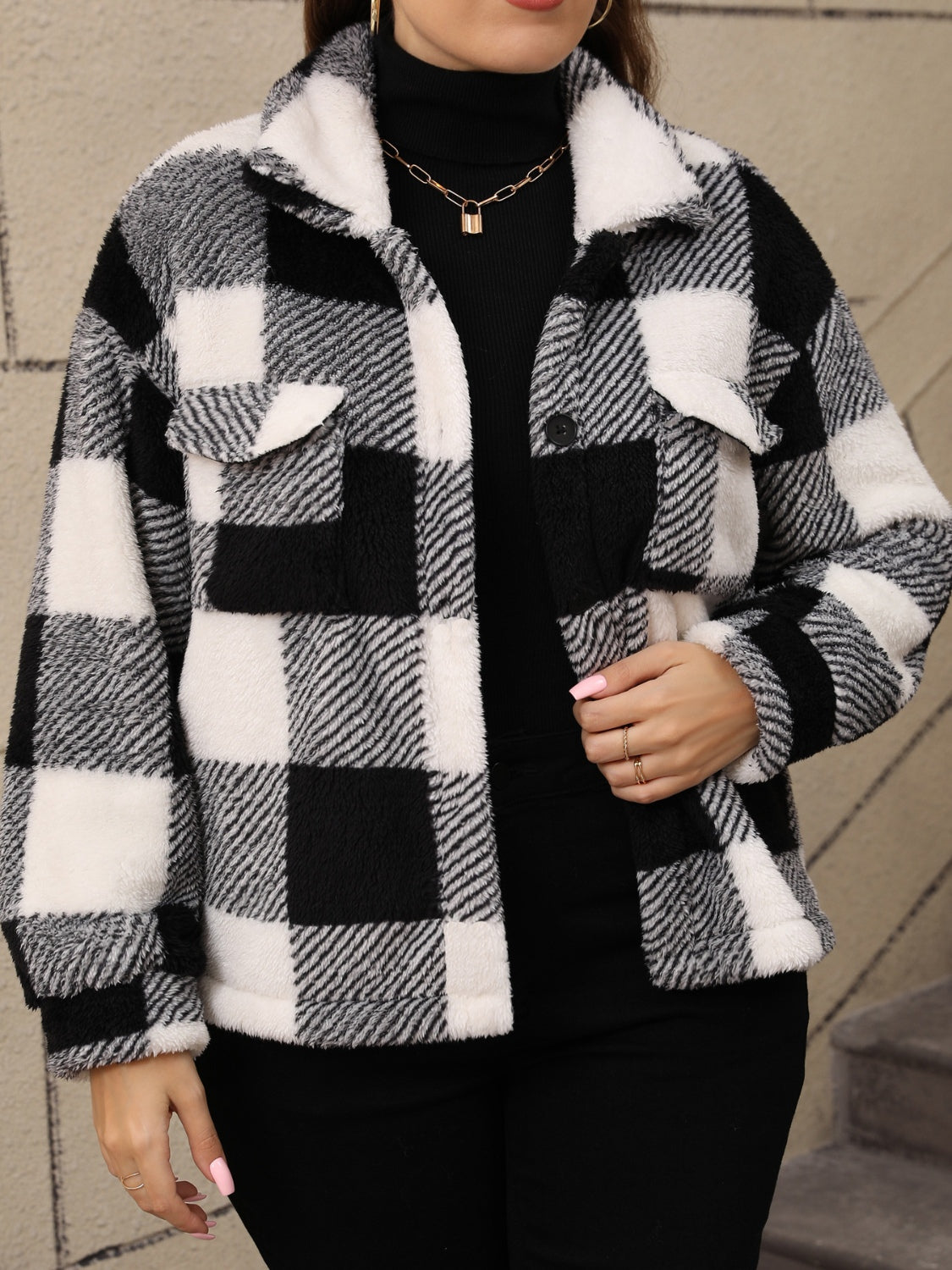 Plus Size Pocketed Plaid Collared Neck Jacket - Charming Charlie