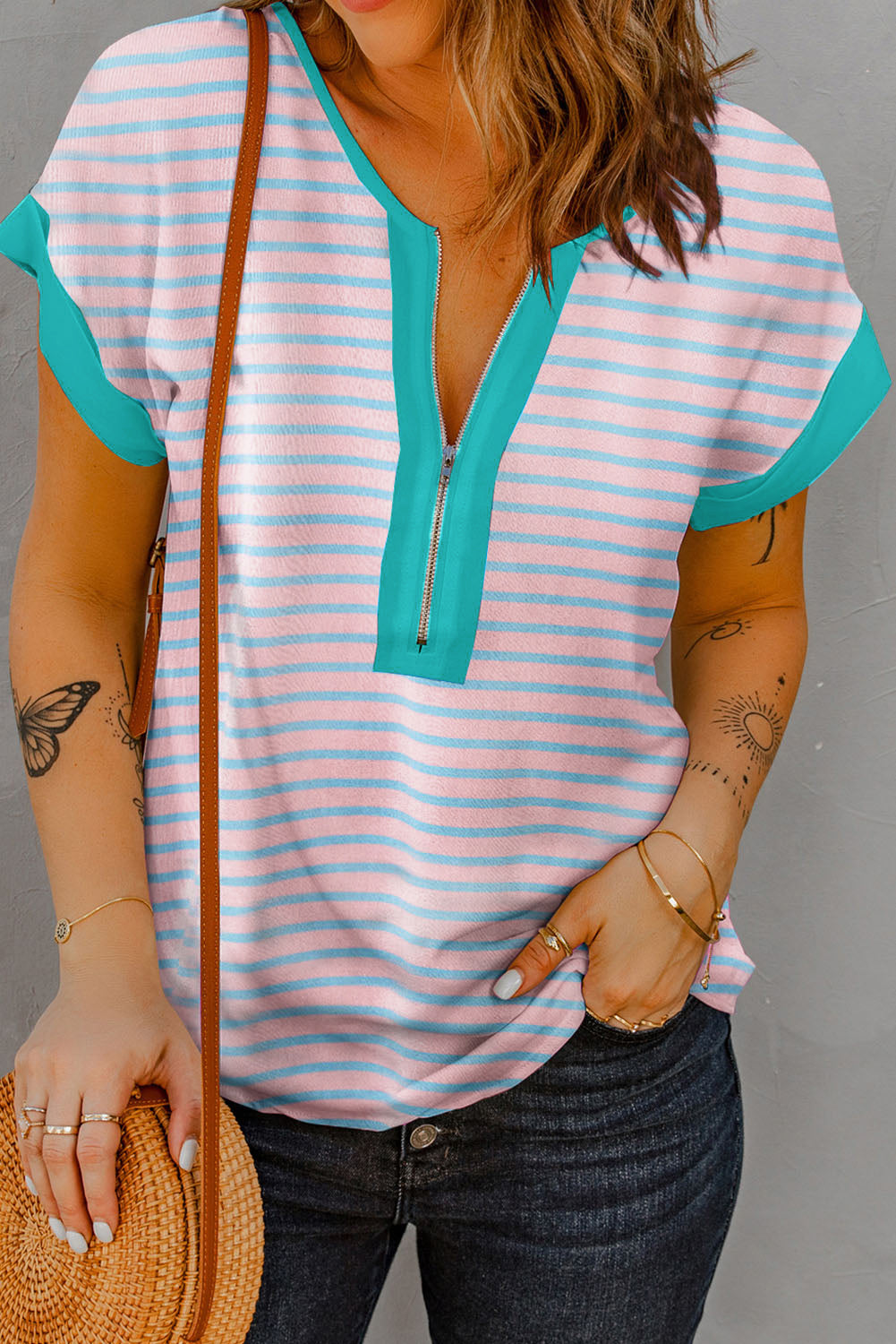 Striped Notched Short Sleeve T-Shirt - Charming Charlie