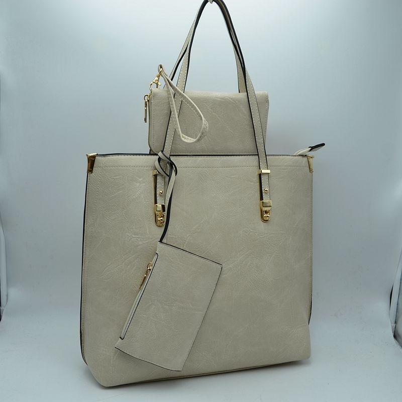 Soft Faux Leather Tote Handbag With Wallet - Beige - Tote Bag