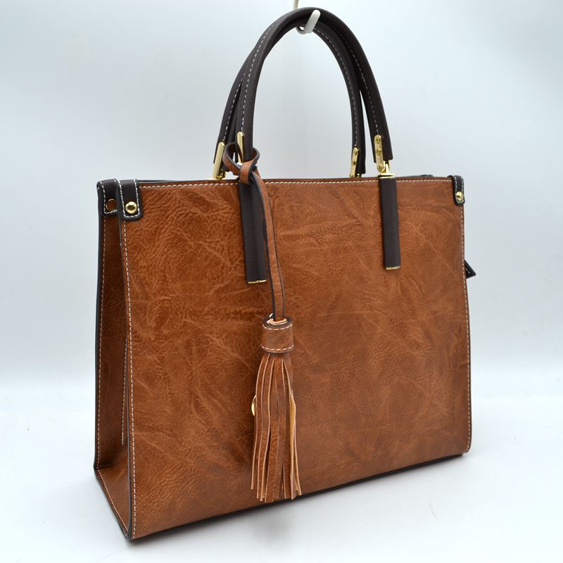 Large Shoulder Vegan Leather Tassel Handbag For Women - Brown - Tote Bag