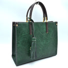 Large Shoulder Vegan Leather Tassel Handbag For Women - Dark Green - Tote Bag