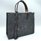 Large Shoulder Vegan Leather Tassel Handbag For Women - Dark Gray - Tote Bag