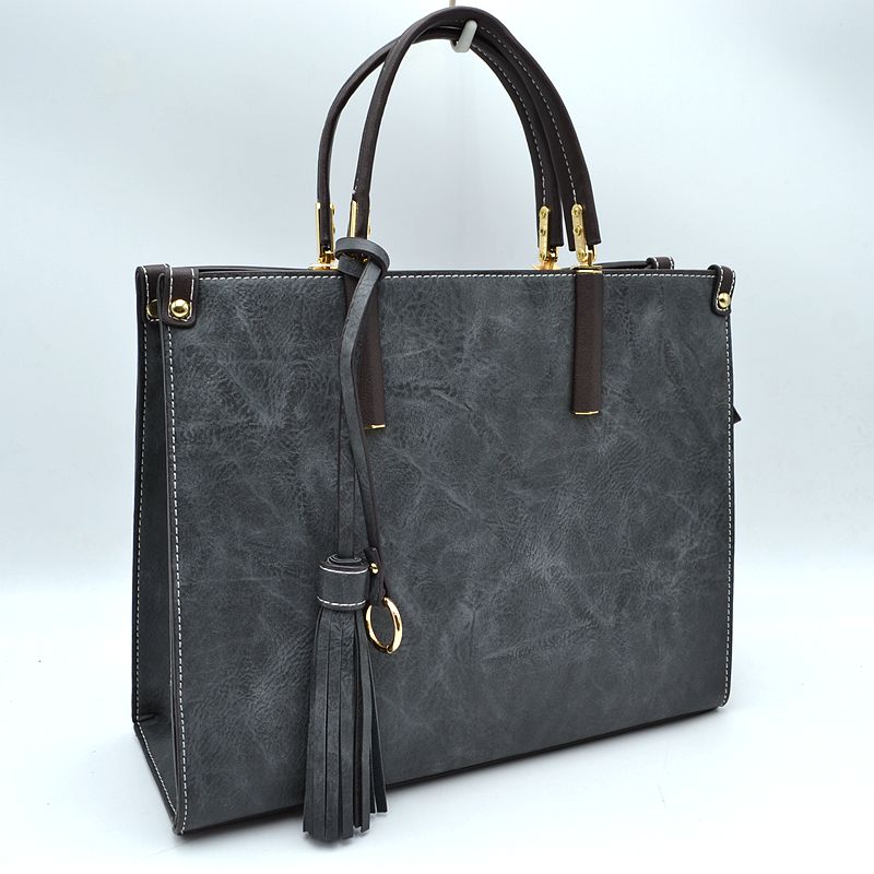 Large Shoulder Vegan Leather Tassel Handbag For Women - Dark Gray - Tote Bag