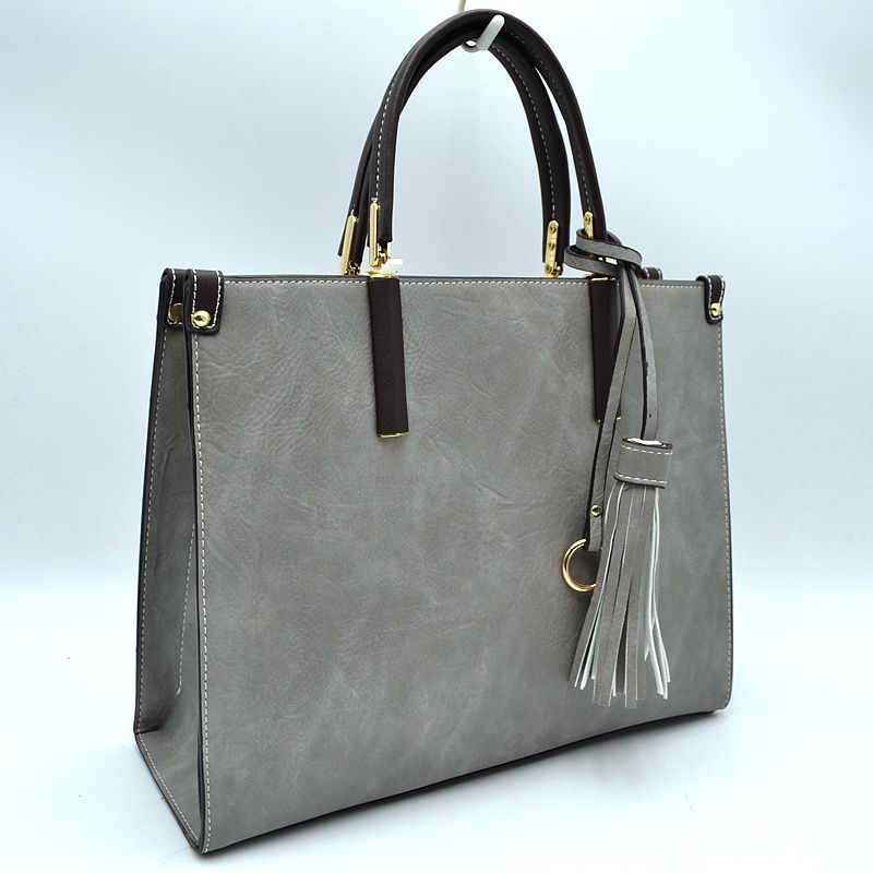 Large Shoulder Vegan Leather Tassel Handbag For Women - Gray - Tote Bag
