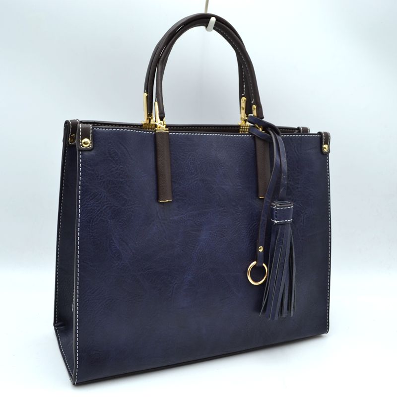 Large Shoulder Vegan Leather Tassel Handbag For Women - Navy Blue - Tote Bag