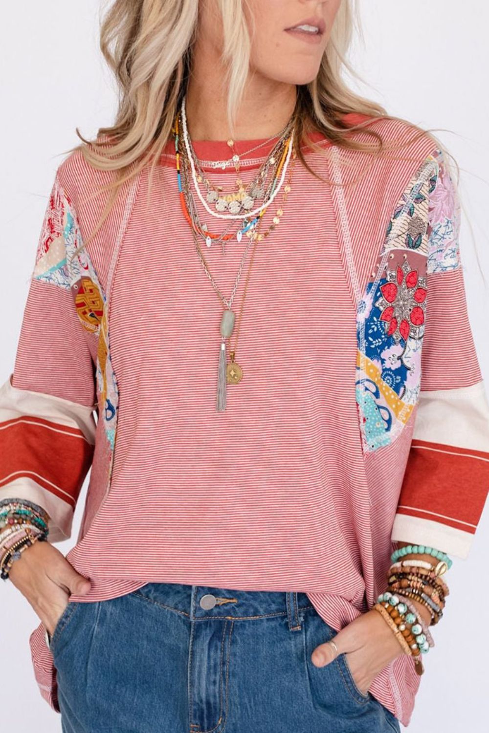 Striped Floral Patchwork Round Neck Top - Charming Charlie