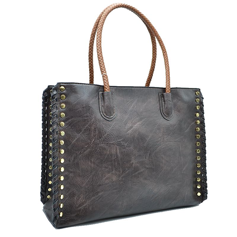 Women’s Studded Faux Leather Whipstitch Shoulder Bag Tote - Tote Bag