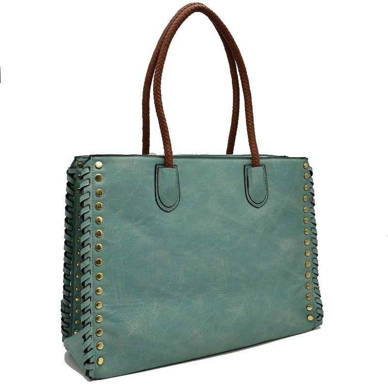 Women’s Studded Faux Leather Whipstitch Shoulder Bag Tote - Green - Tote Bag