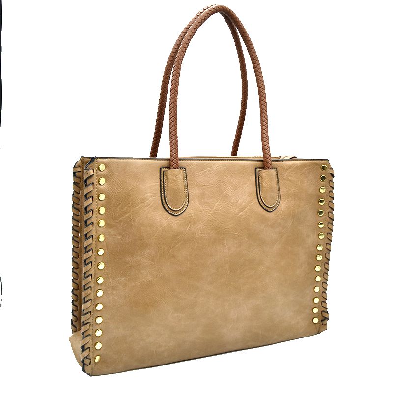 Women’s Studded Faux Leather Whipstitch Shoulder Bag Tote - Tote Bag