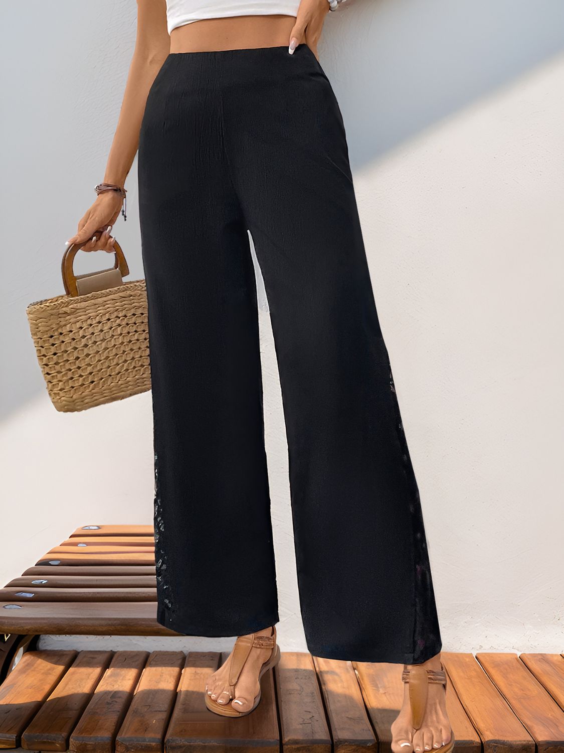 Lace Detail Wide Leg Pants - Charming Charlie