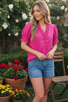 Ruffle Front Button Top in Hot Pink - Charming Charlie