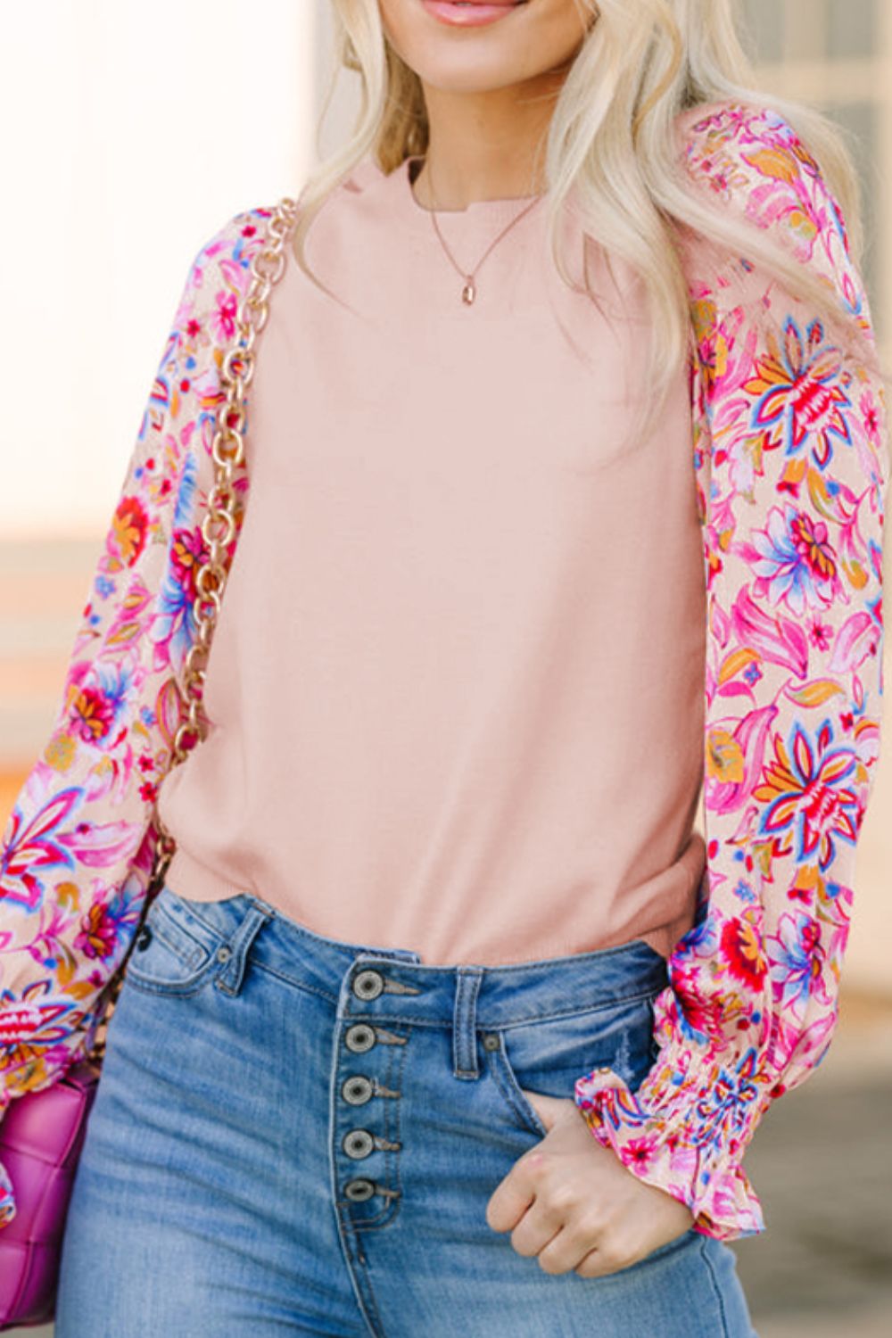 Printed Round Neck Flounce Sleeve Sweater - Charming Charlie