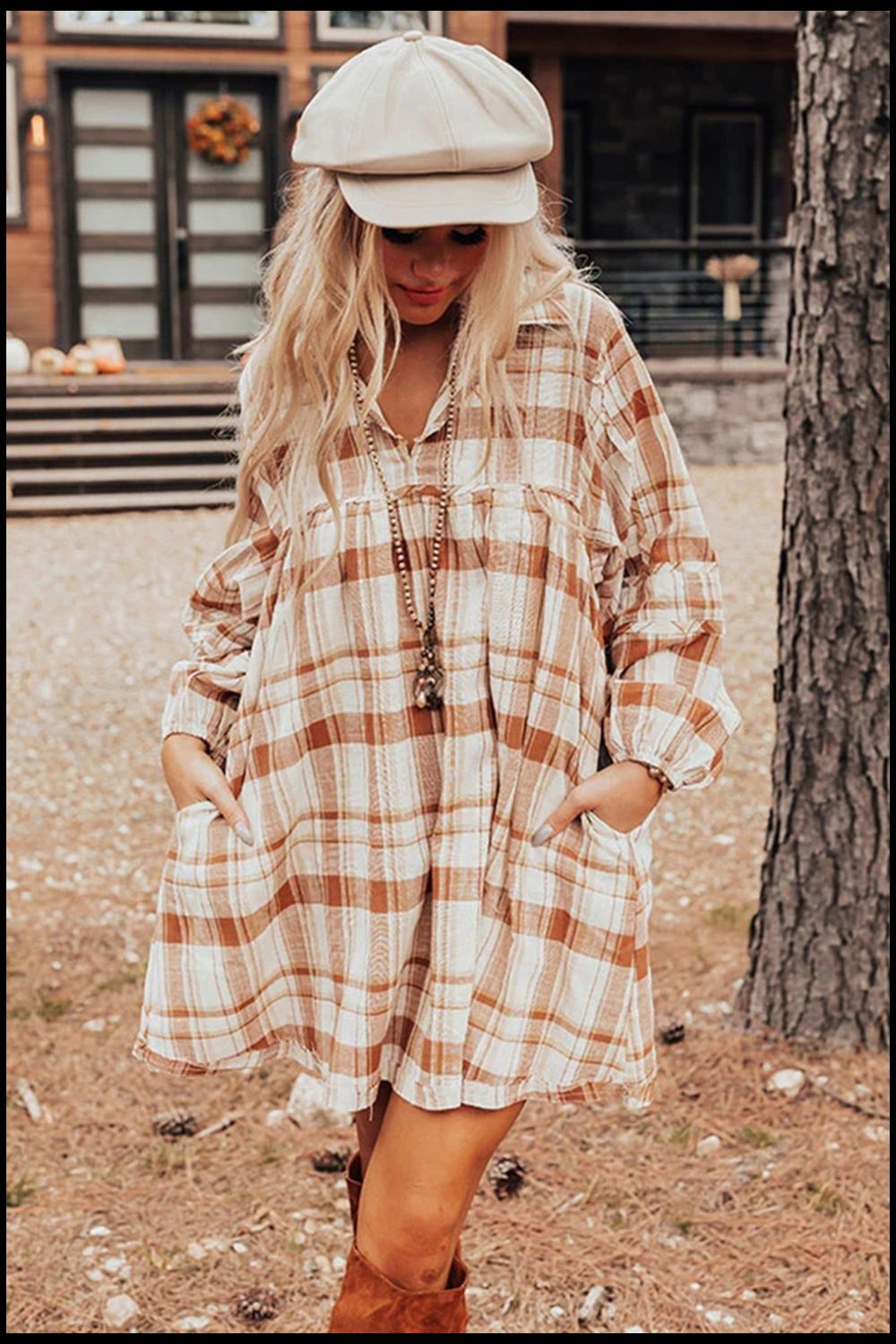 Plaid Collared Neck Long Sleeve Mini Shirt Dress - Camel / S Plaid Collared Neck Long Sleeve Mini Shirt Dress - Camel / S
