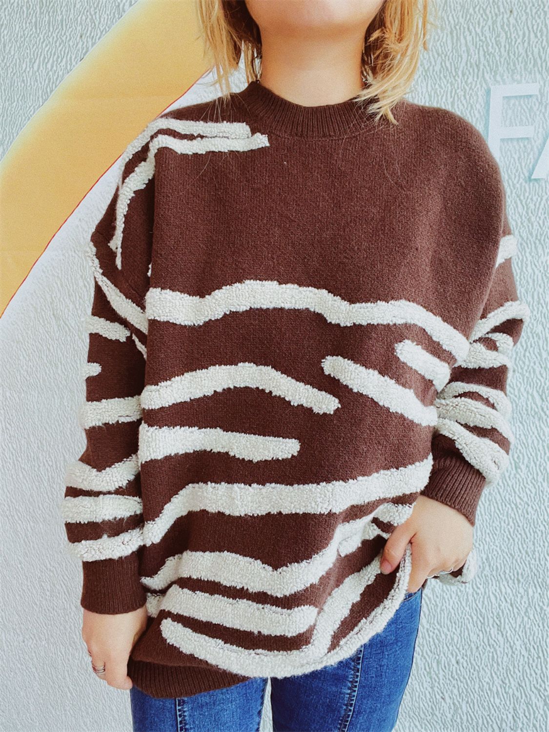 Contrast Round Neck Long Sleeve Sweater - Charming Charlie