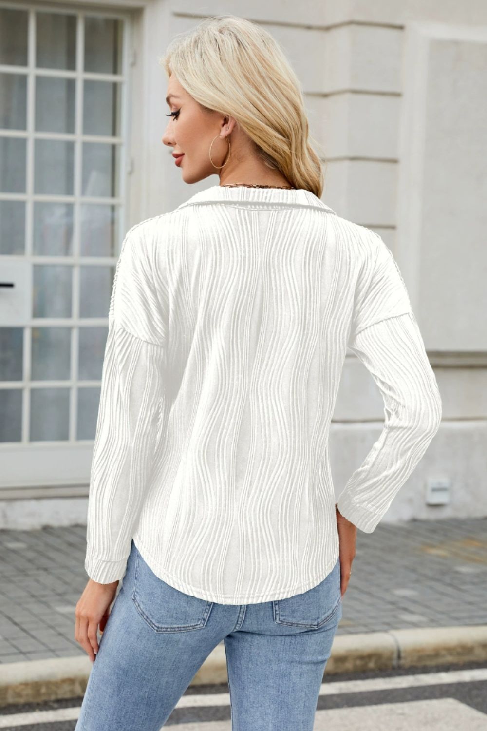 Texture Collared Neck Long Sleeve Blouse - Charming Charlie