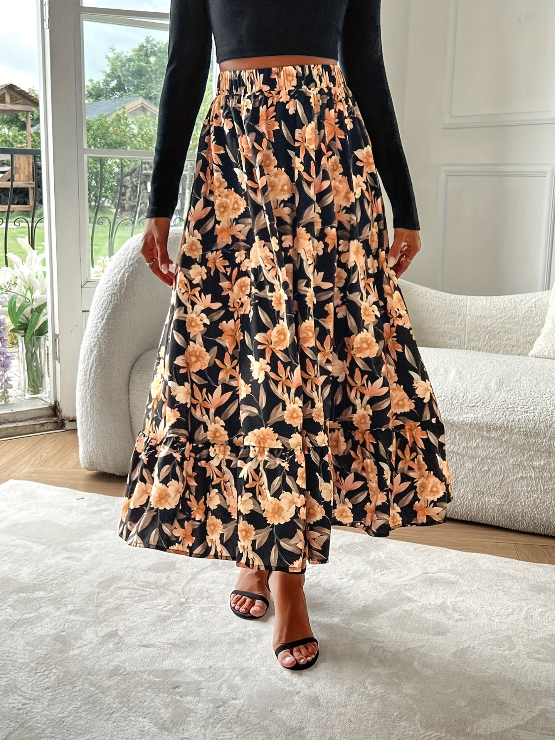 Floral Elastic Waist Midi Skirt – Charming Charlie