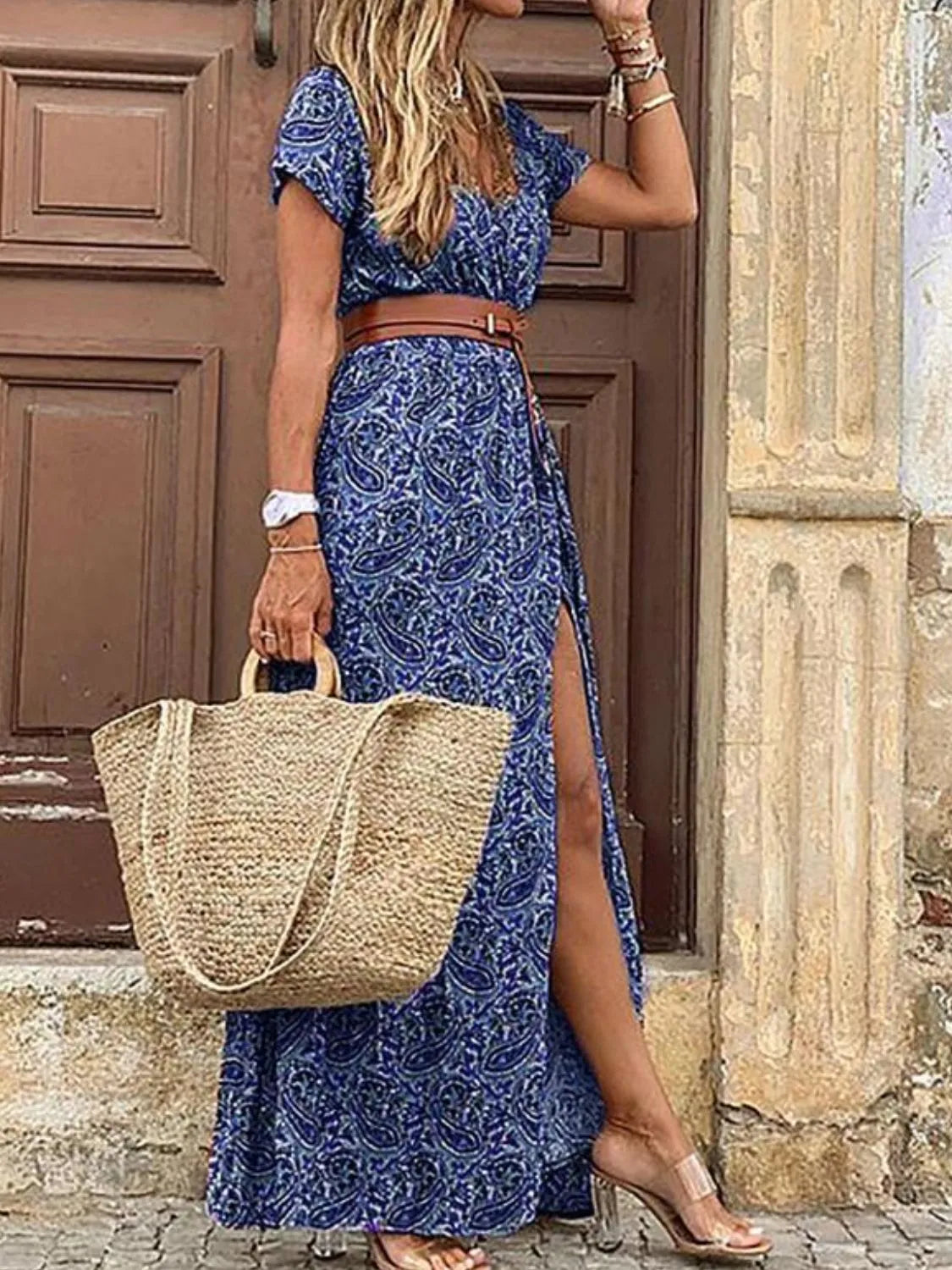 linen shirt maxi dress Short-Sleeved Classic Shirtwaist Maxi Dress in Atlantic Blue Sahara Linen