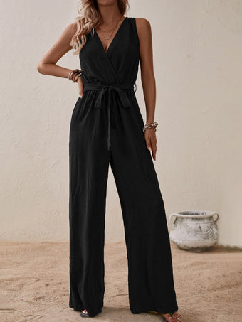 Tied Printed Surplice Sleeveless Jumpsuit