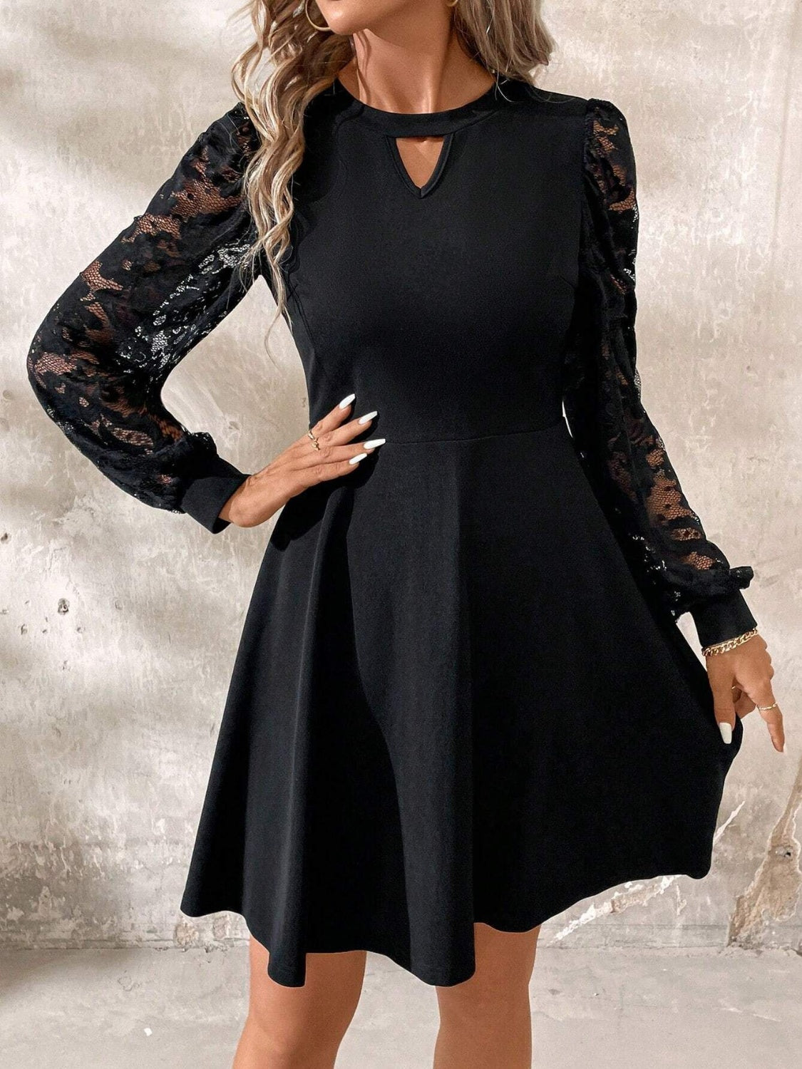 Cutout Lace Long Sleeve Mini Dress Black / S