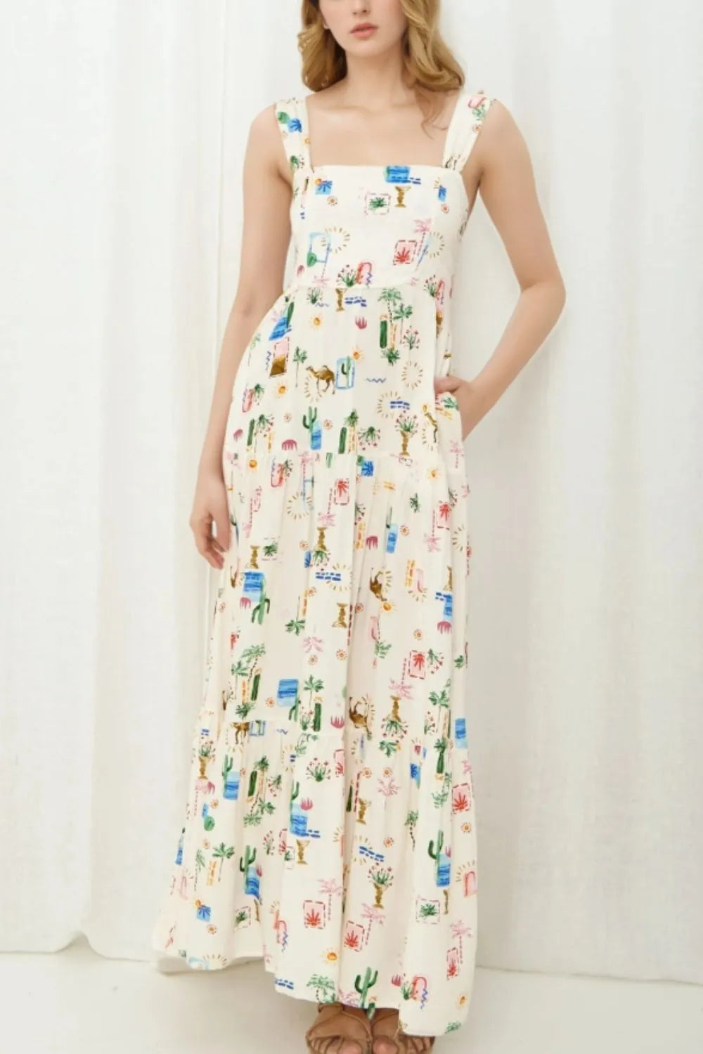 Printed Square Neck Wide Strap Maxi Dress – Charming Charlie