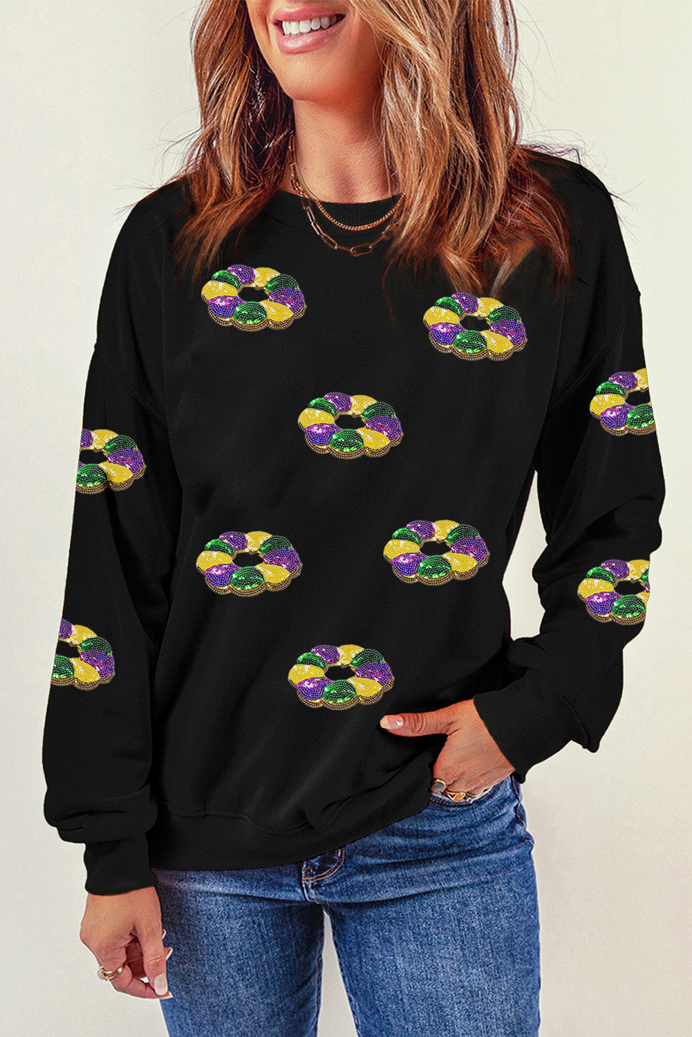 Sequin Round Neck Long Sleeve Sweatshirt - Charming Charlie