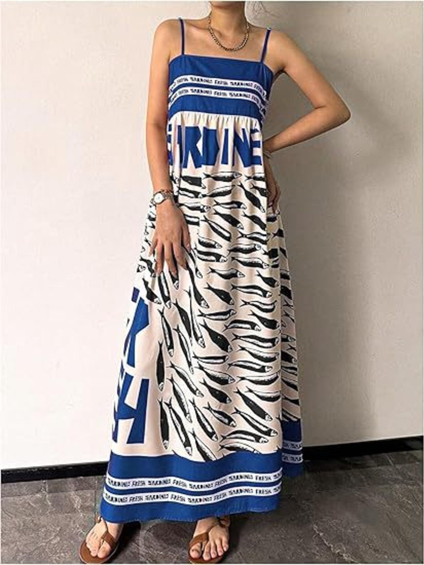 Sardine Print Spaghetti Strap Maxi Dress Blue / 2XL