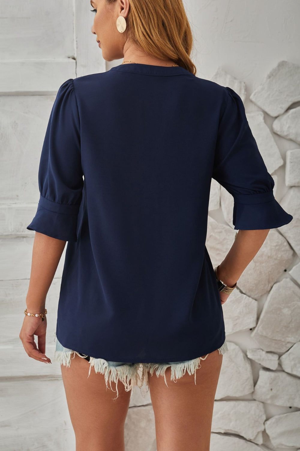 Notched Half Sleeve Blouse - Charming Charlie