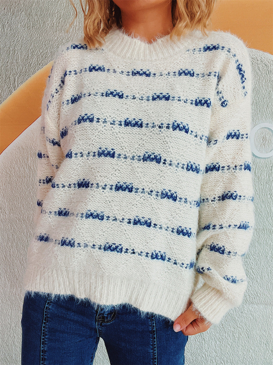 Striped Round Neck Long Sleeve Sweater - Charming Charlie