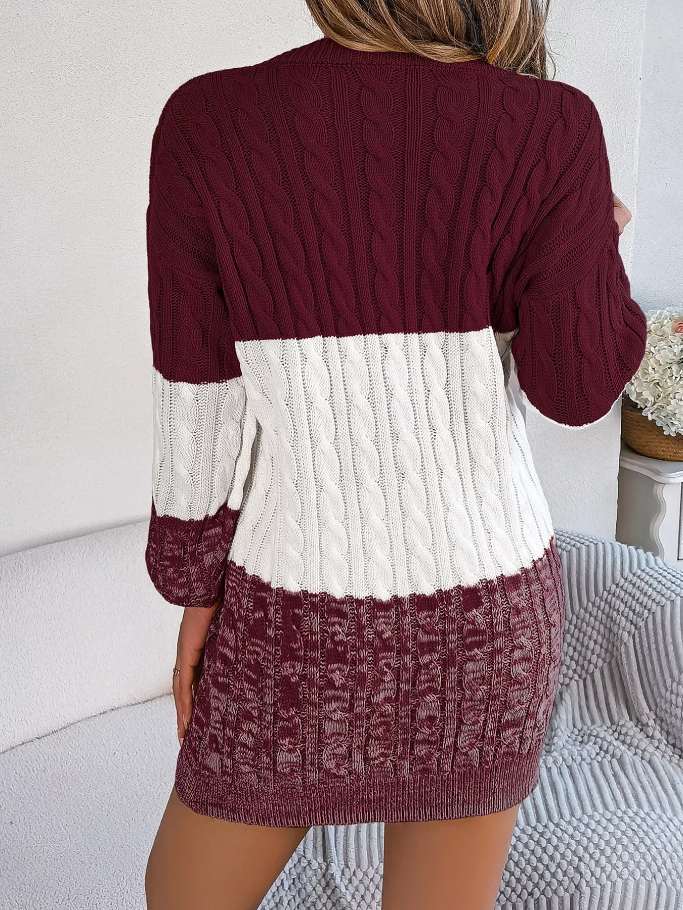 Color Block Cable Knit Sweater Dress with Textured Pattern Camel / XL