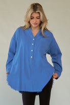 Davi & Dani Letter Back Raw Hem Half Button Shirt - Charming Charlie