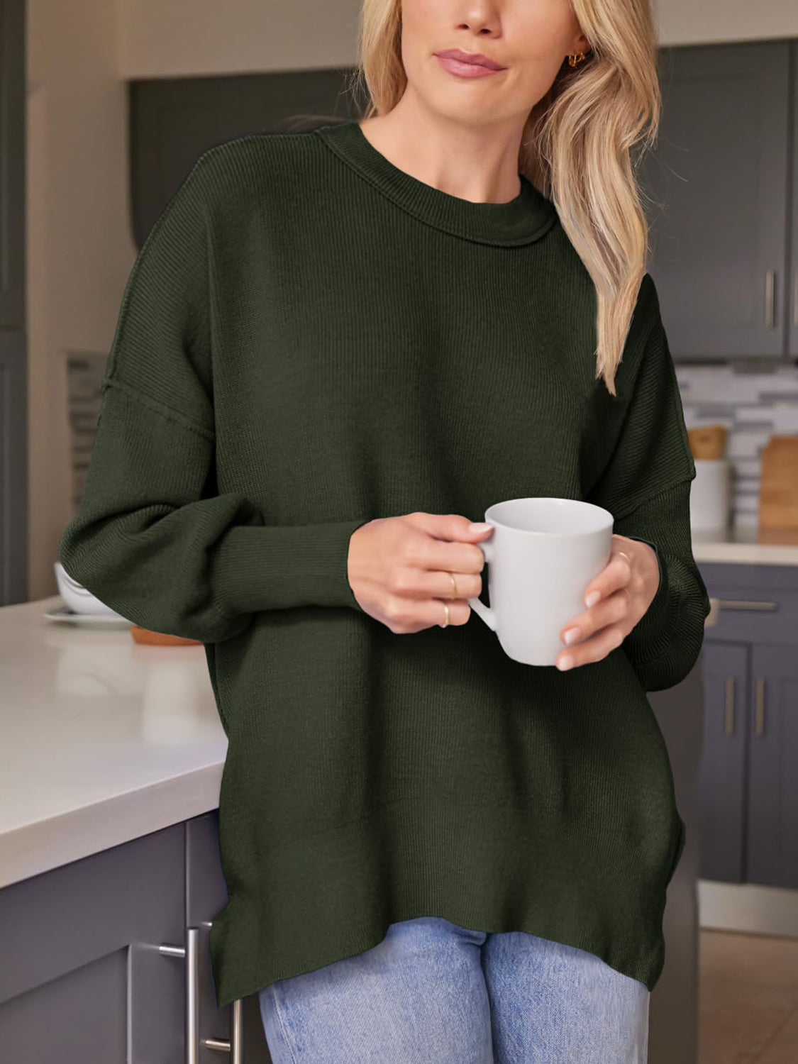 Slit Round Neck Dropped Shoulder Sweater - Charming Charlie
