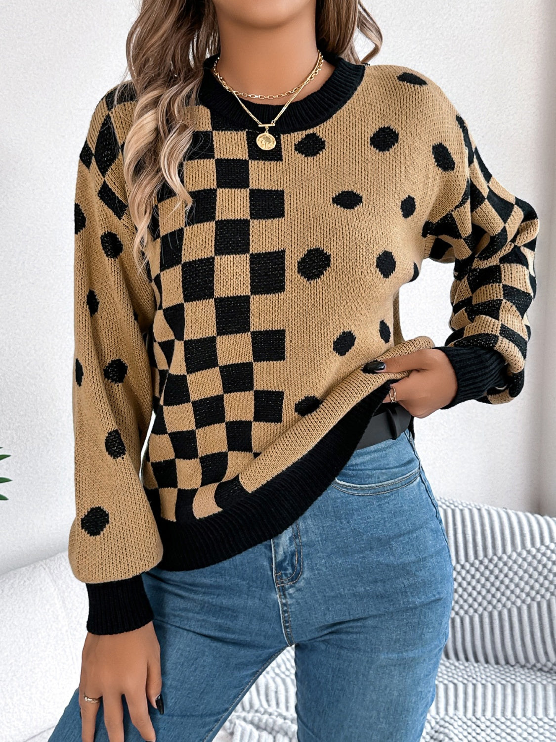 Plaid Round Neck Long Sleeve Sweater - Charming Charlie