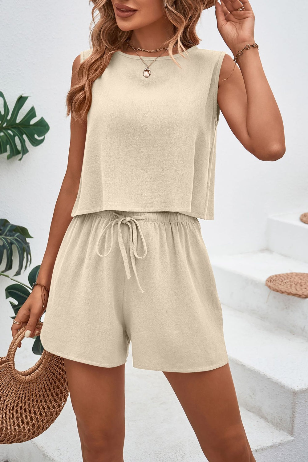 Round Neck Top and Drawstring Shorts Set - Charming Charlie