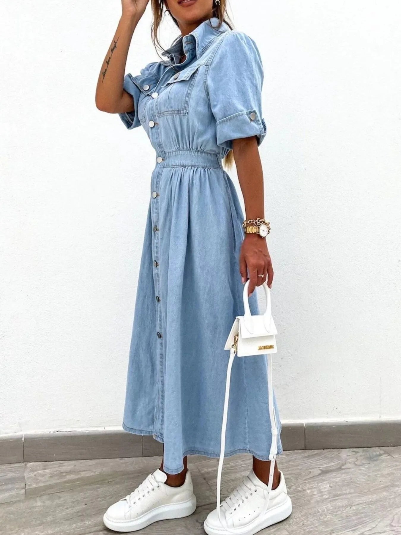 Full Size Button Down Roll-Up Sleeve Denim Shirt Dress Plus Size Light Blue / XXL