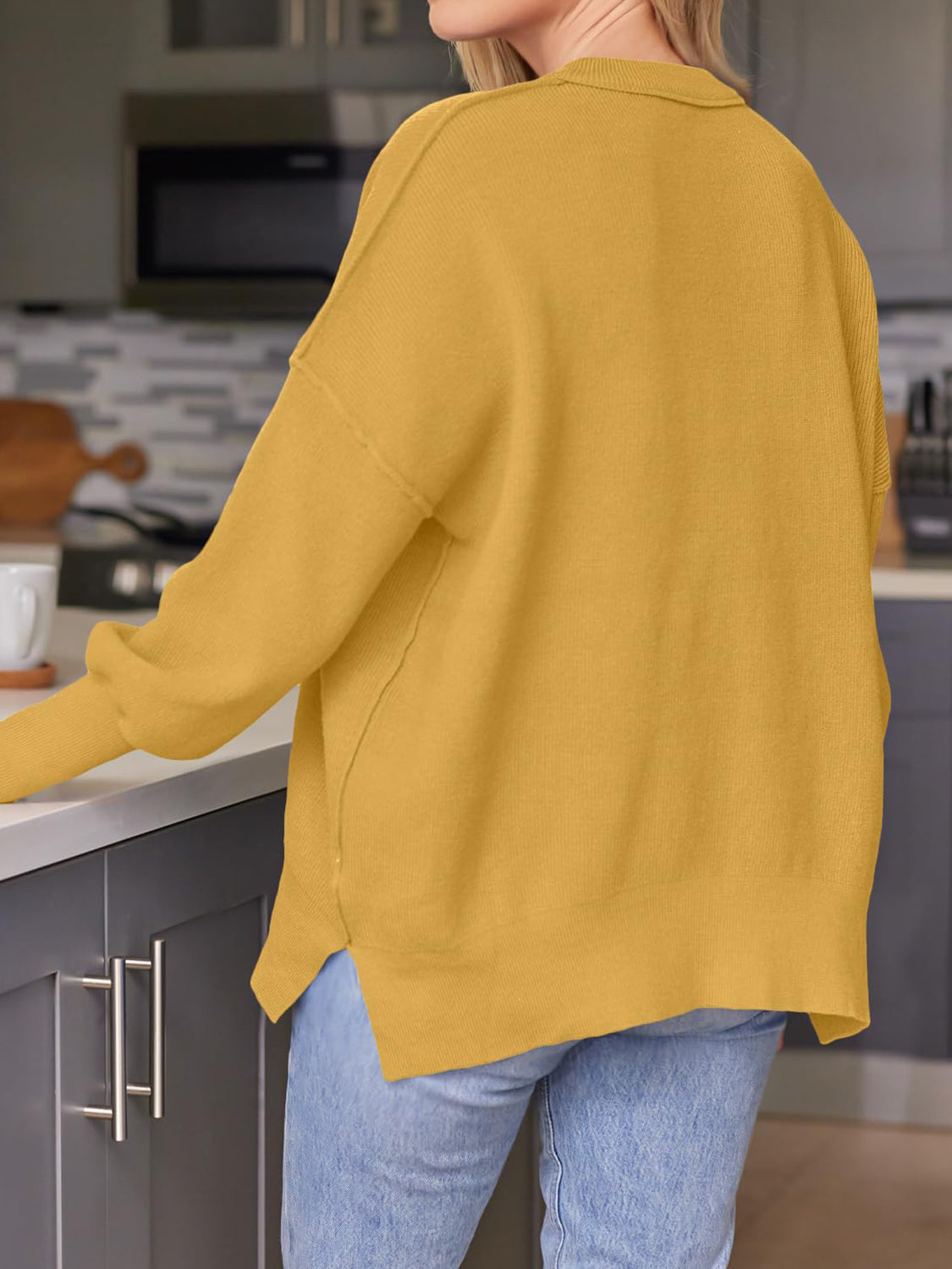 Slit Round Neck Dropped Shoulder Sweater - Charming Charlie