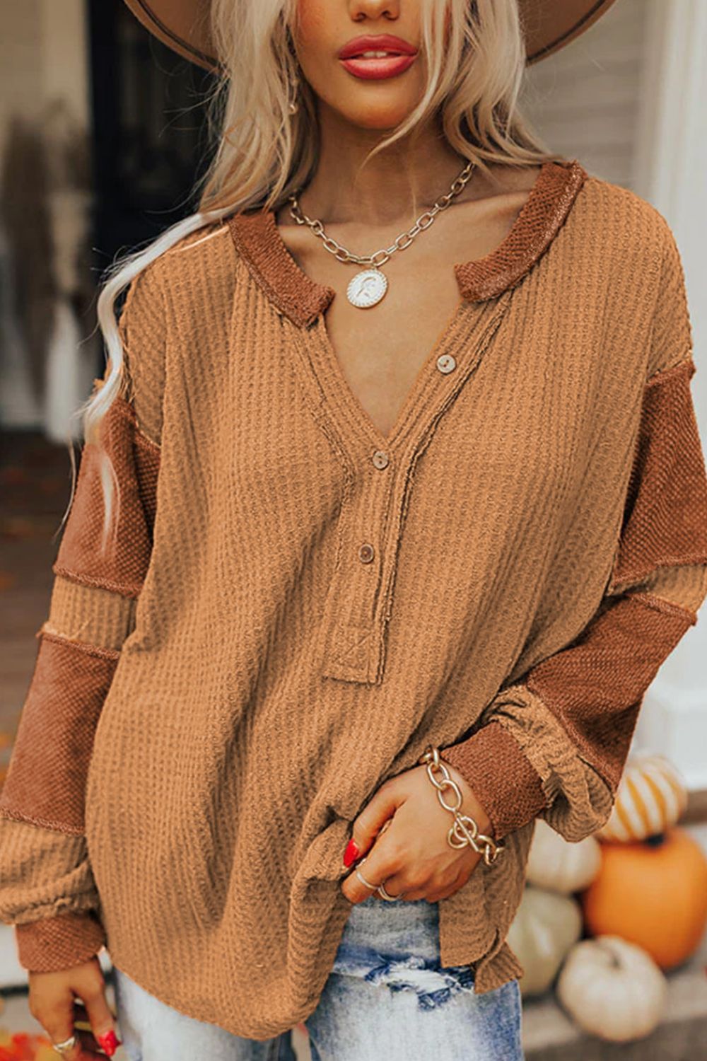 Contrast Patched Exposed Seam Waffle Knit Henley Top - Charming Charlie