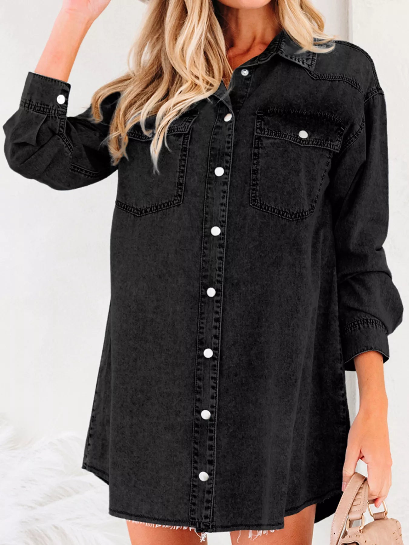 Chest Pocket Raw Hem Denim Loose Shirt Dress Black / S