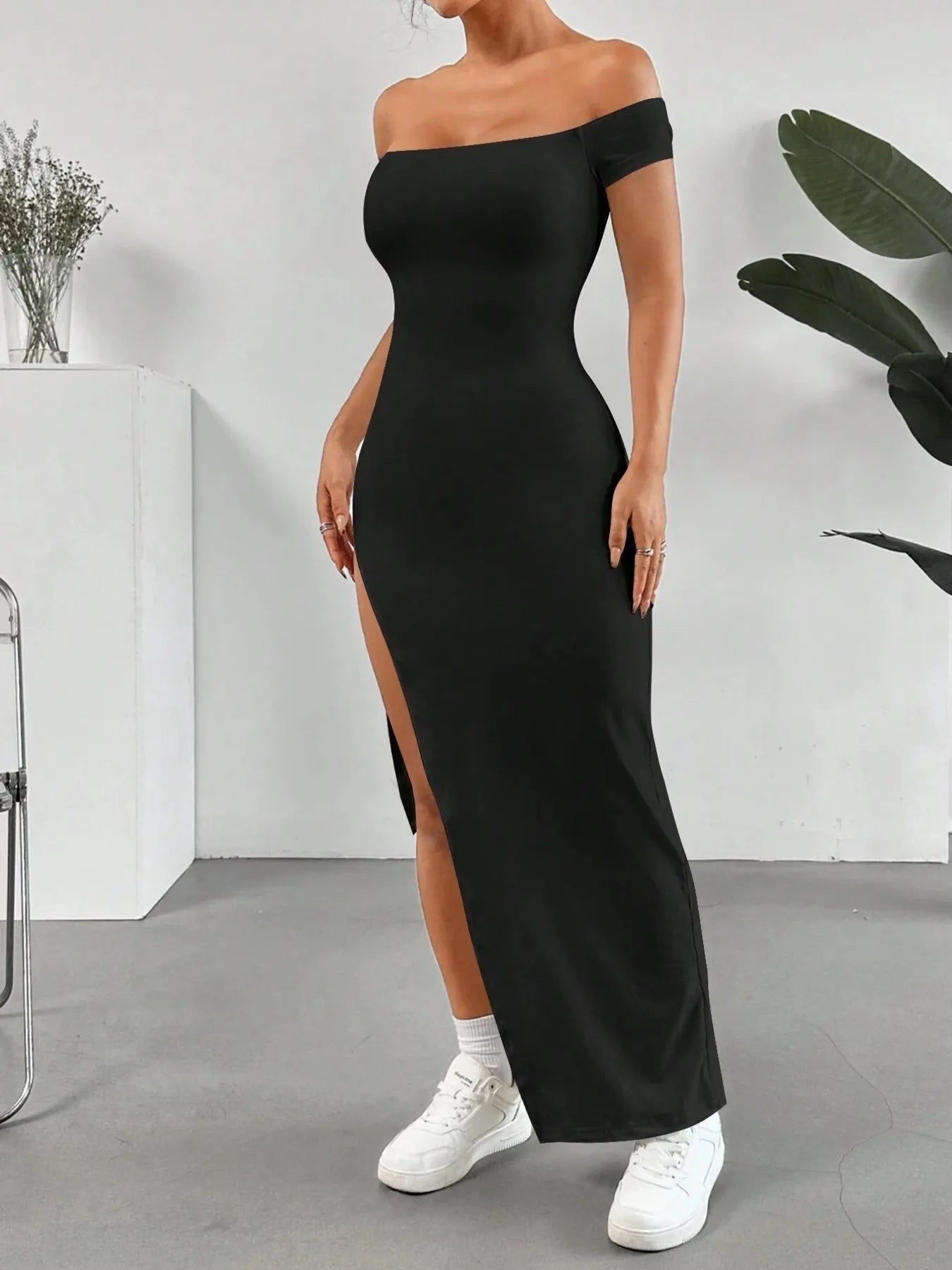 Off-Shoulder High Slit Bodycon Maxi Dress Black / L