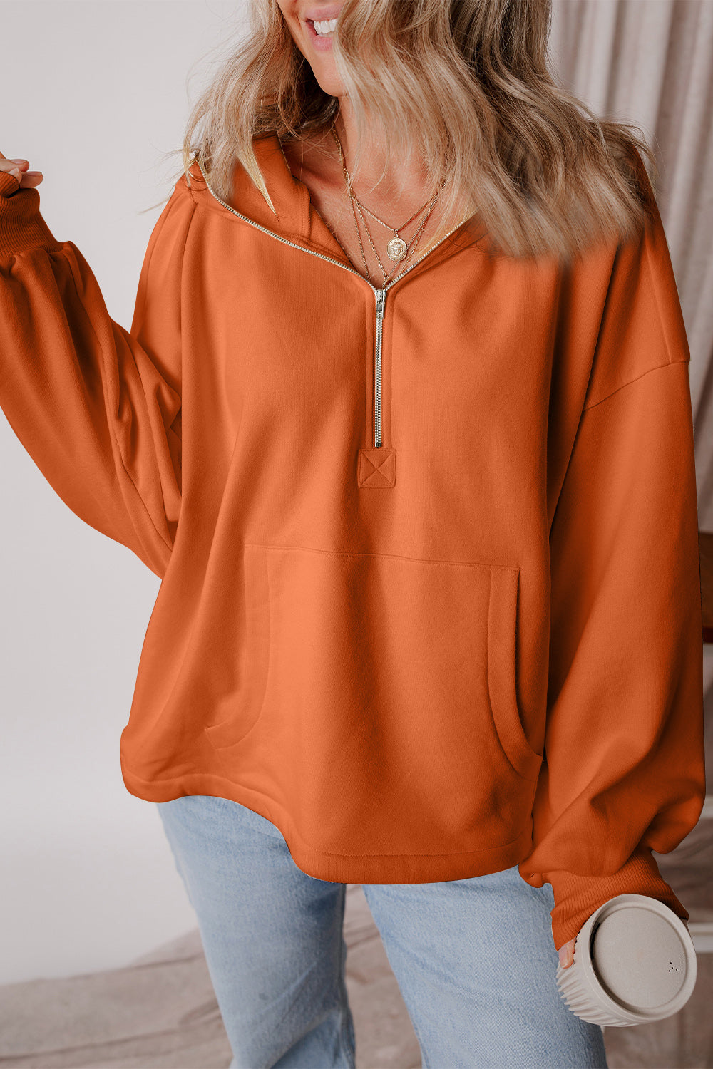 Pocketed Half Zip Dropped Shoulder Hoodie - Charming Charlie