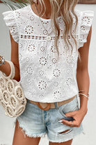 Eyelet Round Neck Cap Sleeve Blouse - Charming Charlie