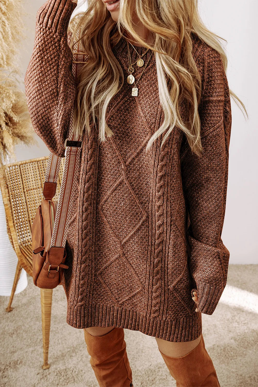 Cable-Knit Round Neck Sweater Dress Taupe / L Cable-Knit Round Neck Sweater Dress Taupe / L