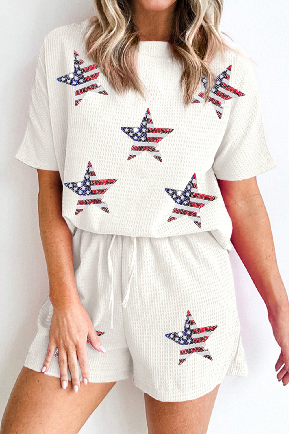 Waffle-Knit Sequin Round Neck Top and Shorts Set - Charming Charlie